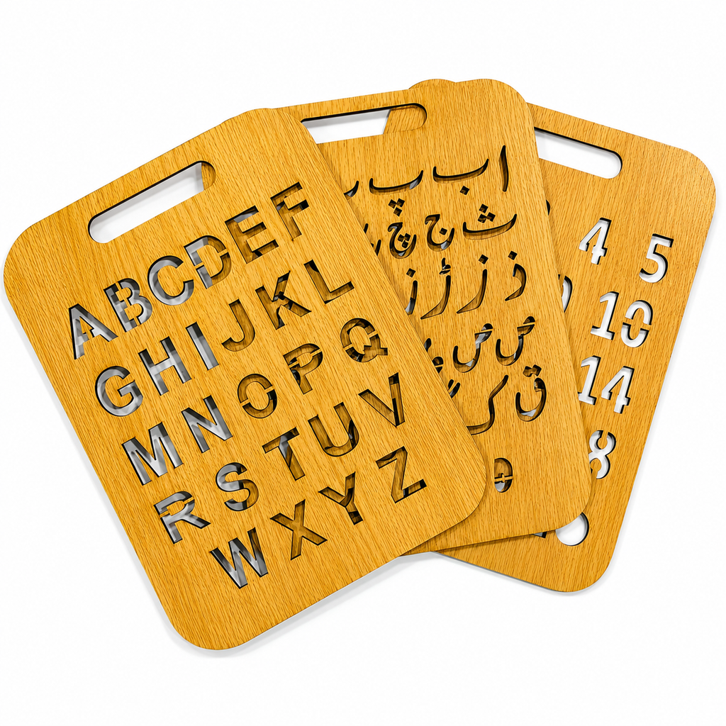 Three wooden Arabic alphabet and numbers learning cards with cutouts, displayed on a clean white background.