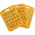 Three wooden Arabic alphabet and numbers learning cards with cutouts, displayed on a clean white background.